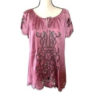 Lucca mauve openwork embroidery short‎ sleeves blouse women Medium
